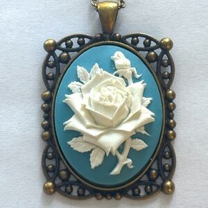 Pink and White Rose Victorian Style Cameo Necklace, Handmade, NWT